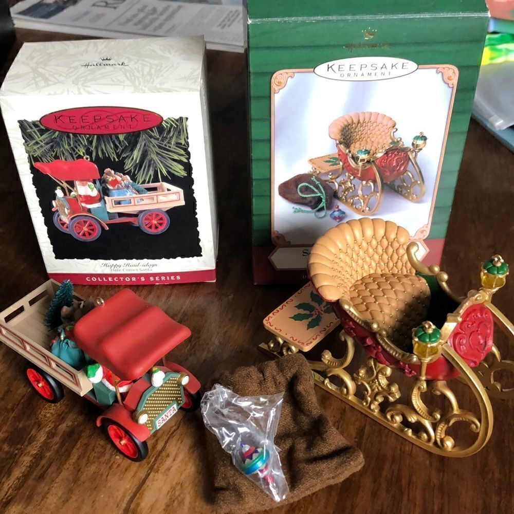 Hallmark Keepsake 2 Ornaments-Happy Haul-idays Here Comes Santa & Santa’s Sleigh